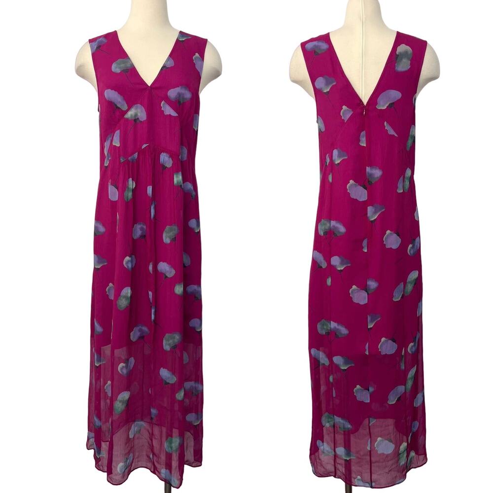 COACH 1941 Sleeveless V-Neck Silk Floral Midi Dress in Magenta | Size: 4 NWT